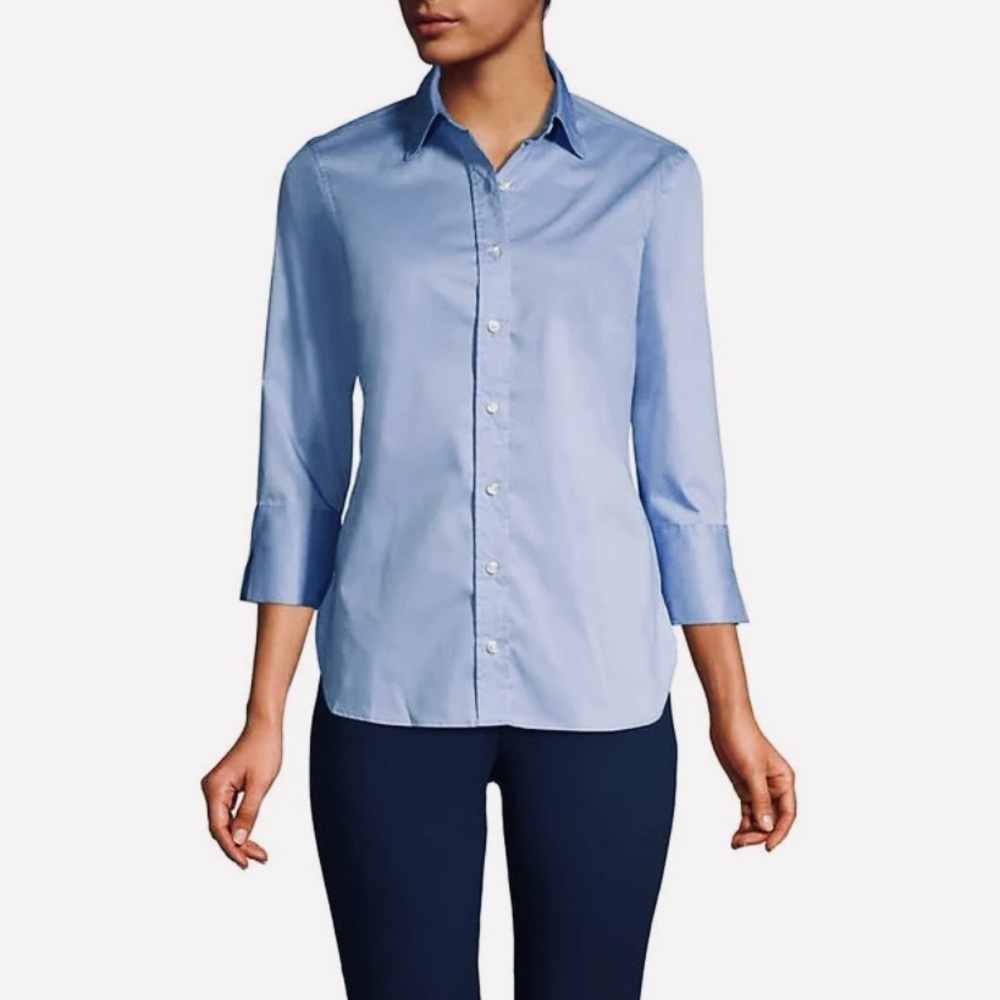 Land’s End 3/4 Sleeve Oxford No Iron Pinpoint Blue Size 12